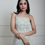 Mint Green Embroidered Midi Dress with Spaghetti Straps