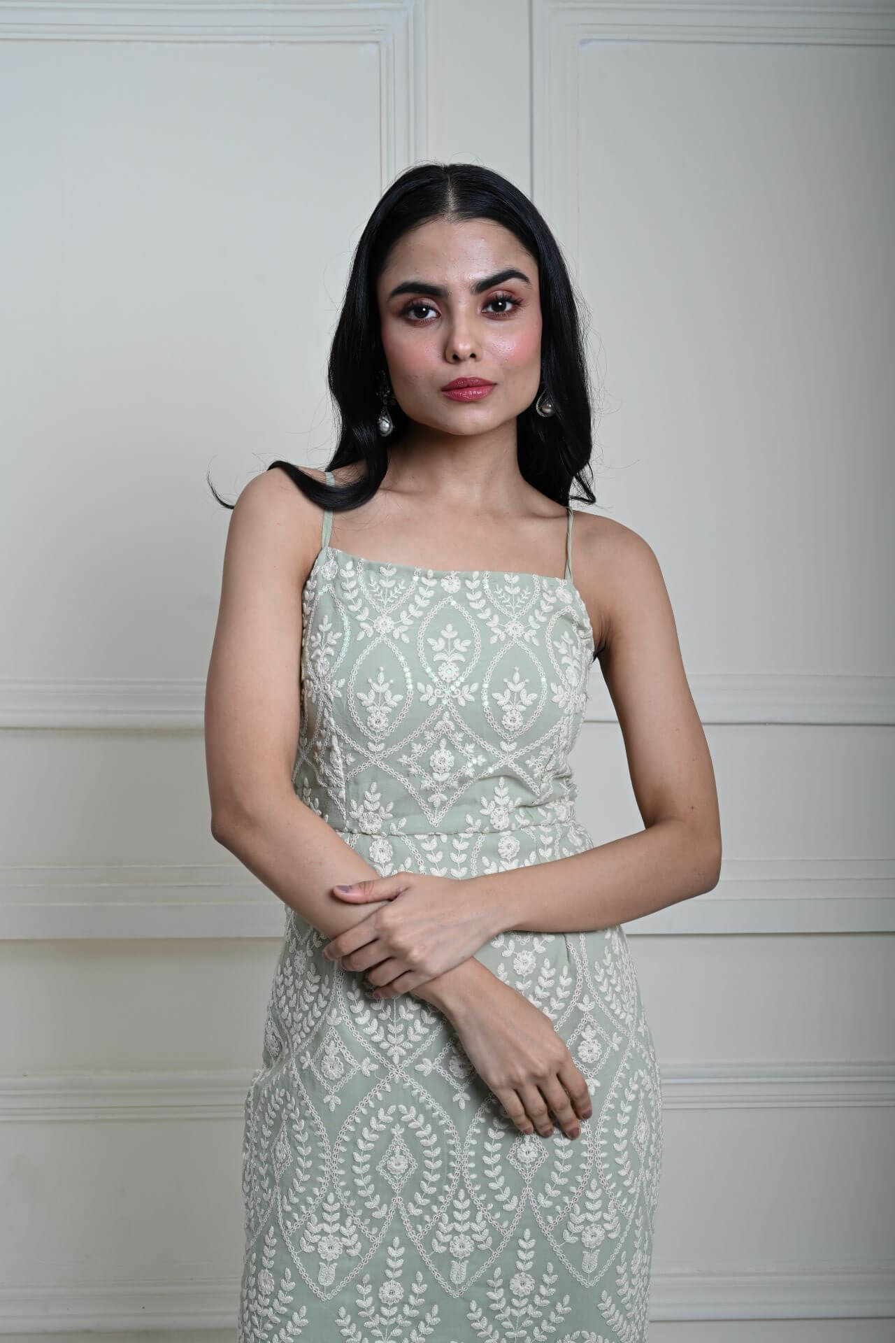 Mint Green Embroidered Midi Dress with Spaghetti Straps