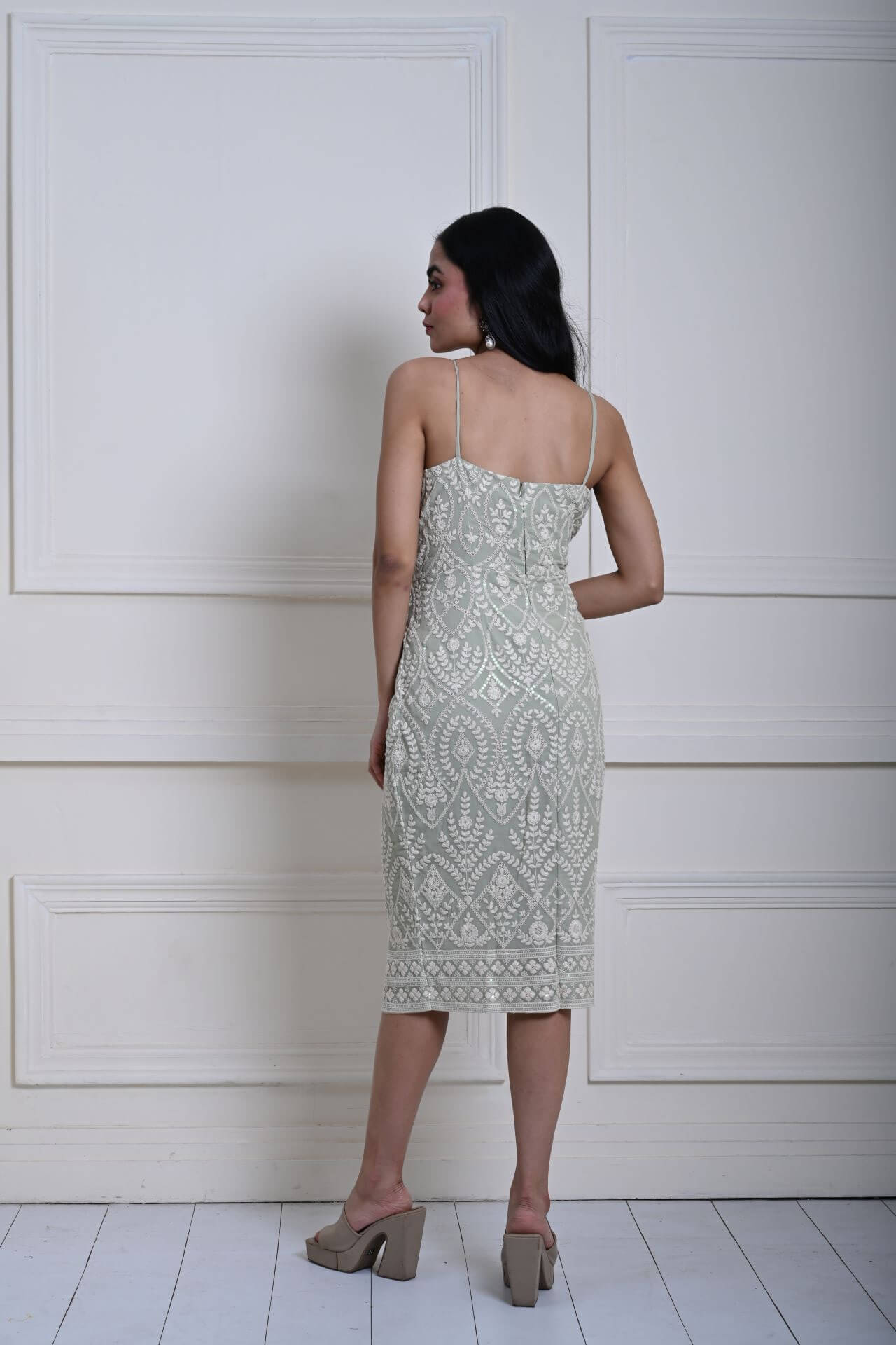 Mint Green Embroidered Midi Dress with Spaghetti Straps