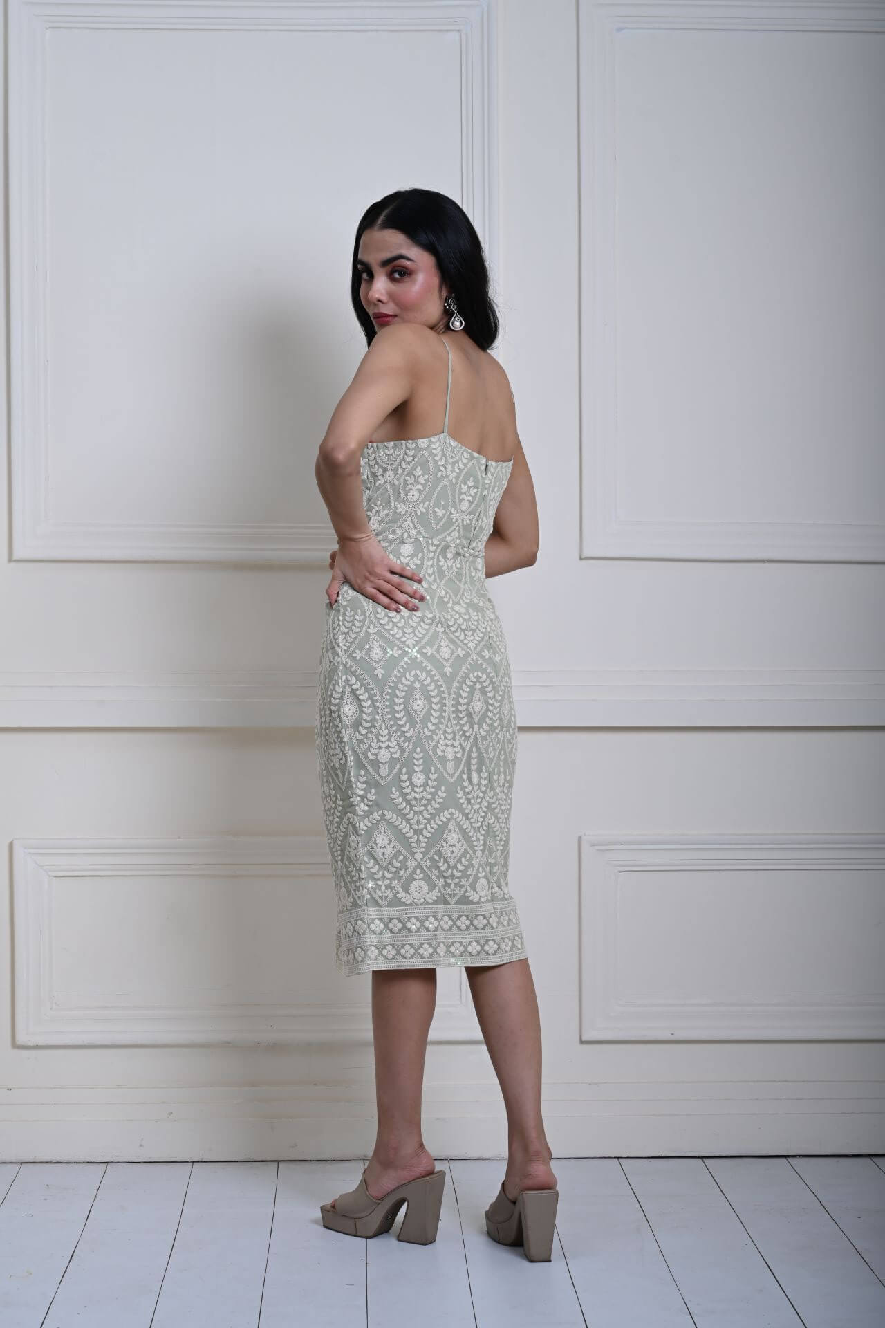 Mint Green Embroidered Midi Dress with Spaghetti Straps