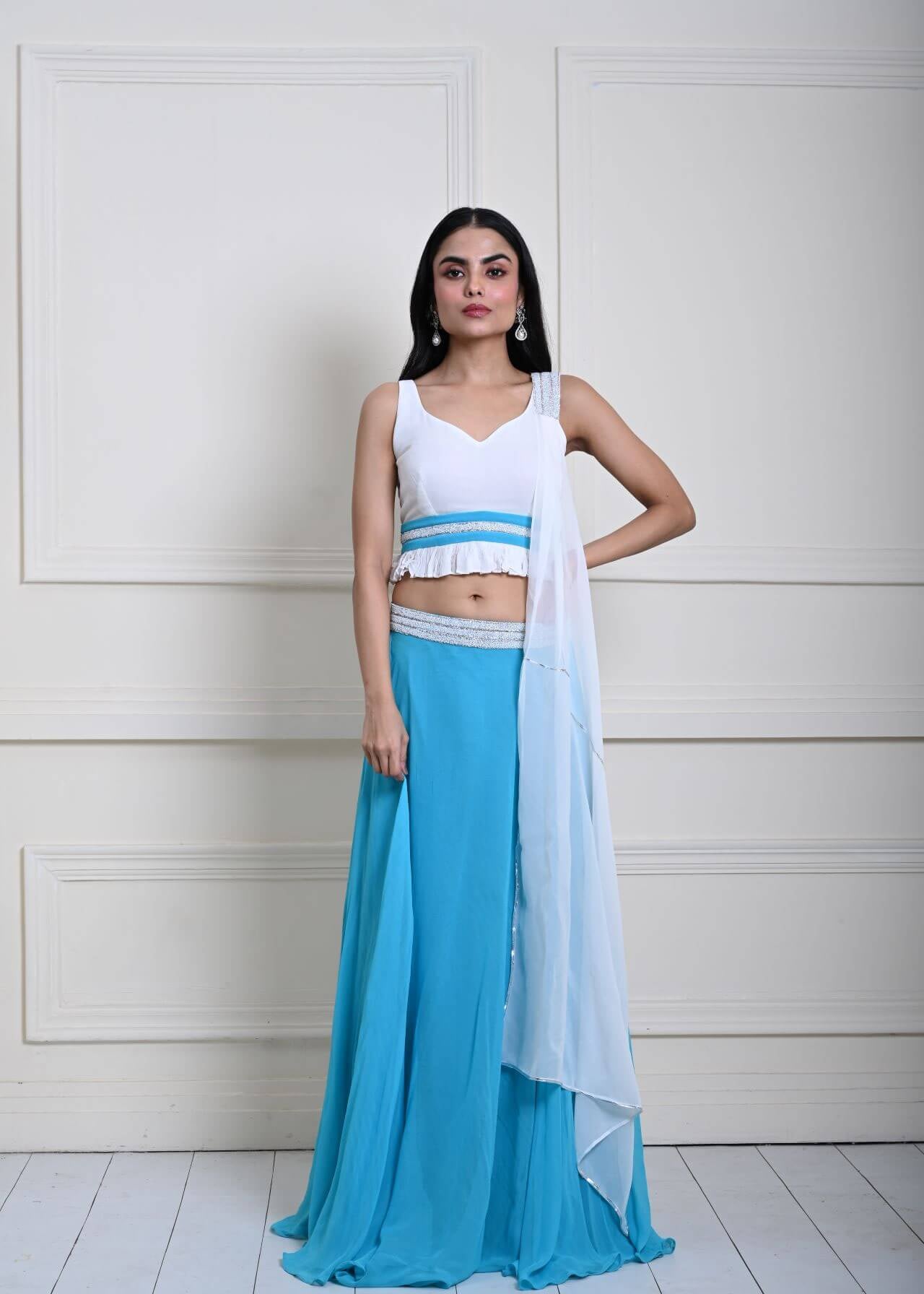 Turquoise Blue Stonework Lehenga with White Choli and Choker Dupatta