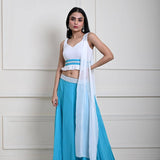 Turquoise Blue Stonework Lehenga with White Choli and Choker Dupatta