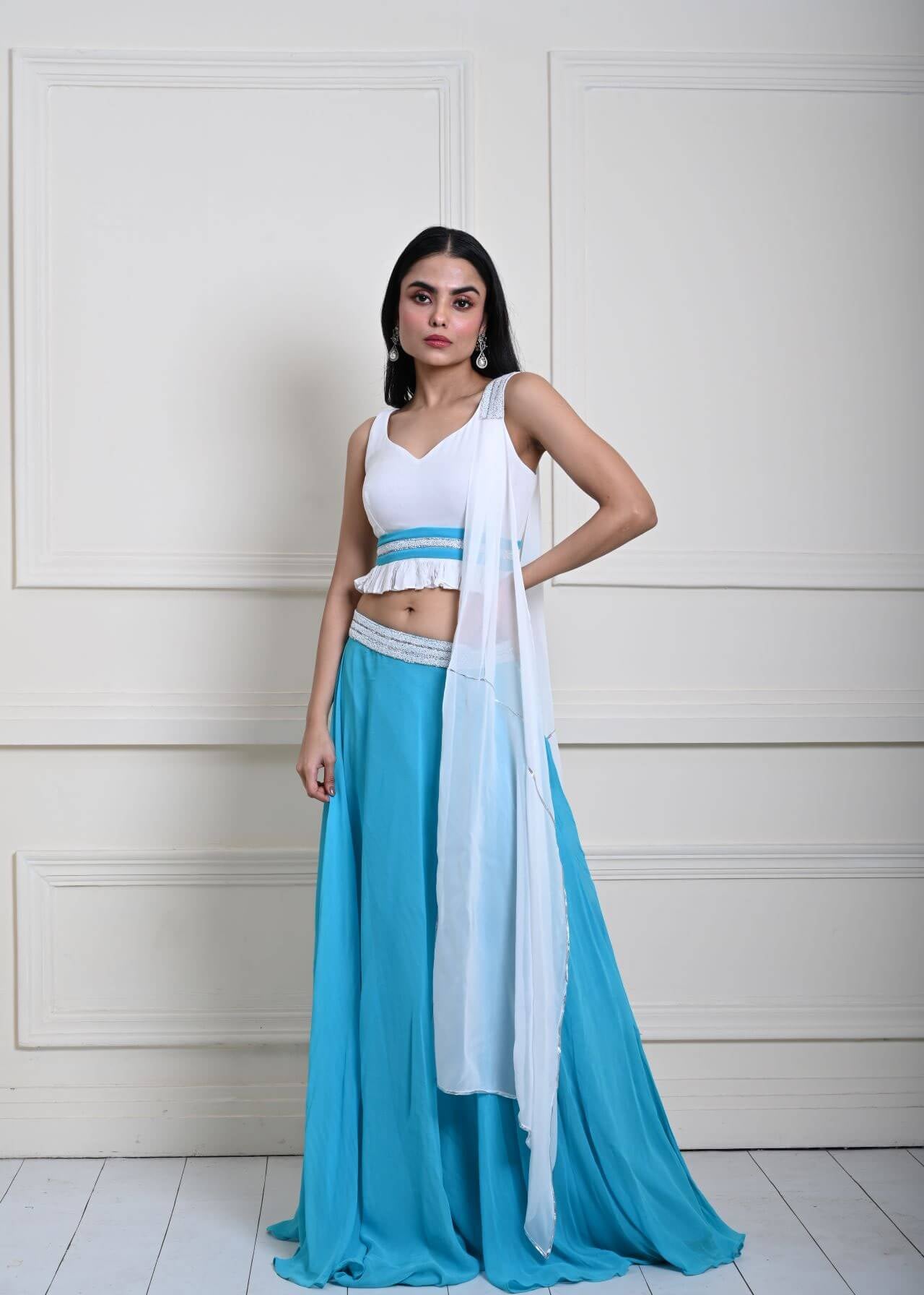 Turquoise Blue Stonework Lehenga with White Choli and Choker Dupatta