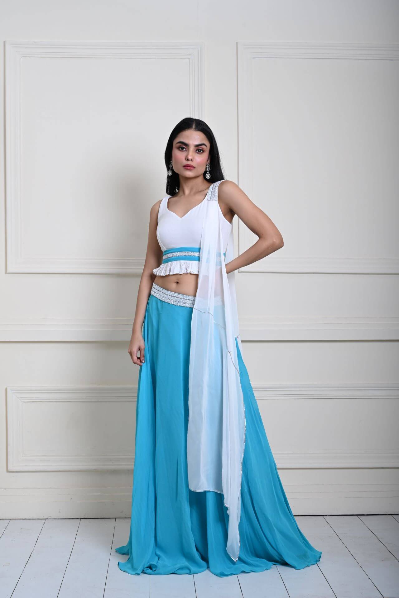 Turquoise Blue Stonework Lehenga with White Choli and Choker Dupatta