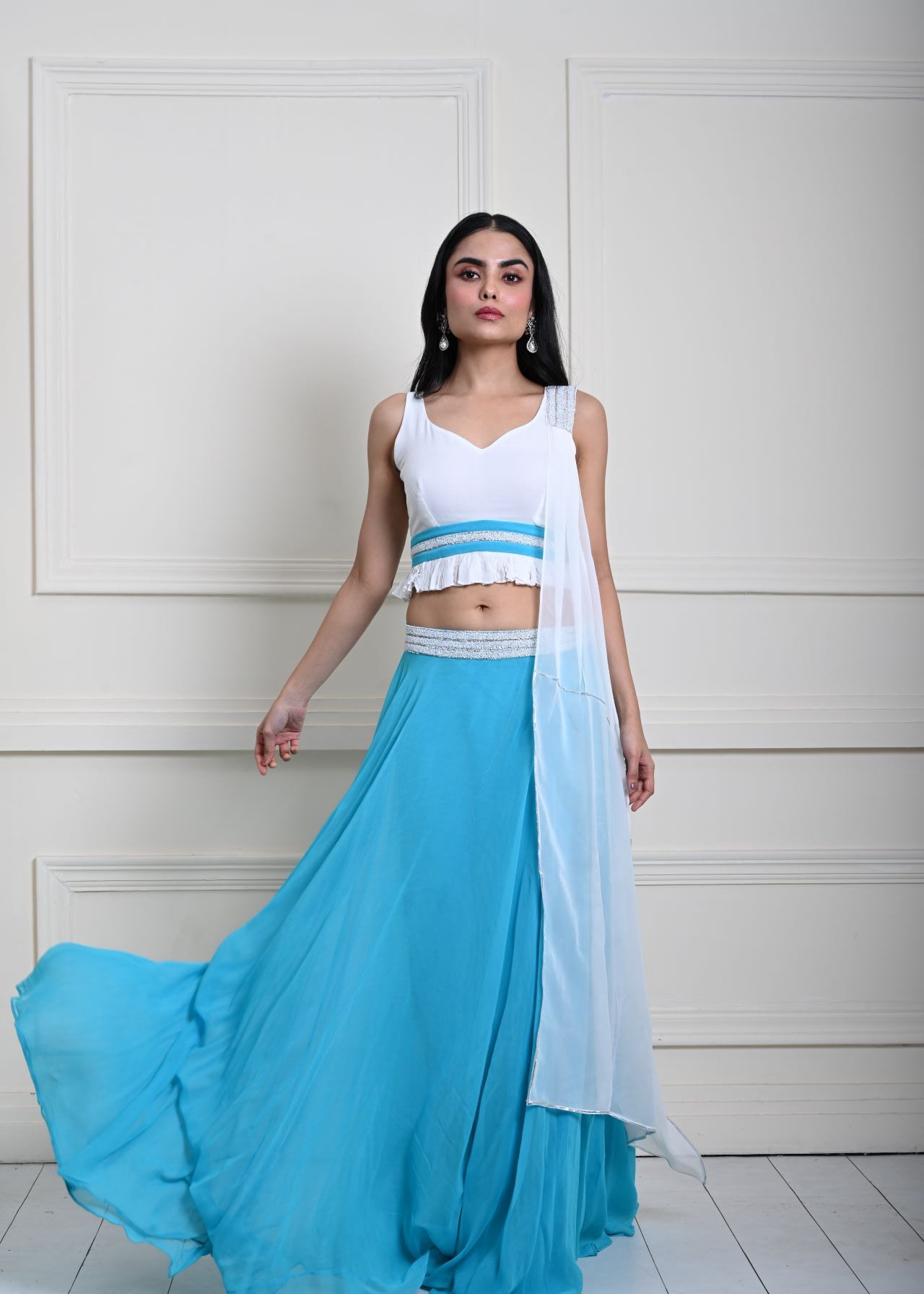 Turquoise Blue Stonework Lehenga with White Choli and Choker Dupatta