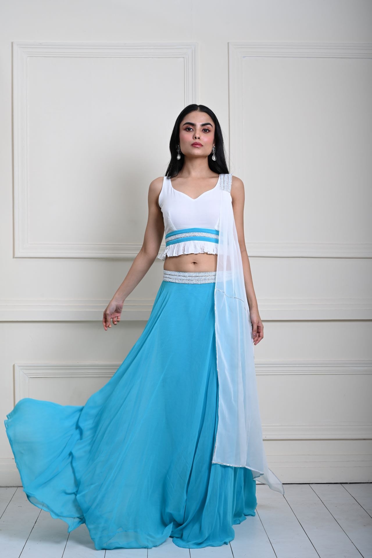 Turquoise Blue Stonework Lehenga with White Choli and Choker Dupatta