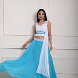 Turquoise Blue Stonework Lehenga with White Choli and Choker Dupatta