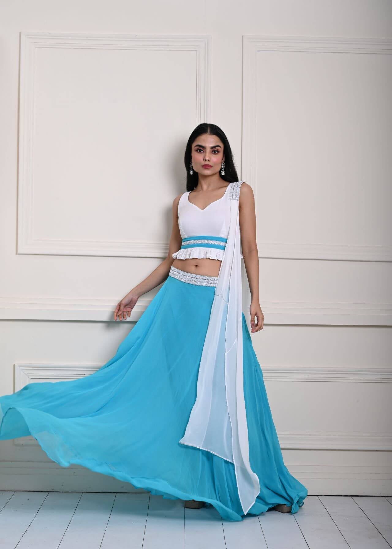 Turquoise Blue Stonework Lehenga with White Choli and Choker Dupatta