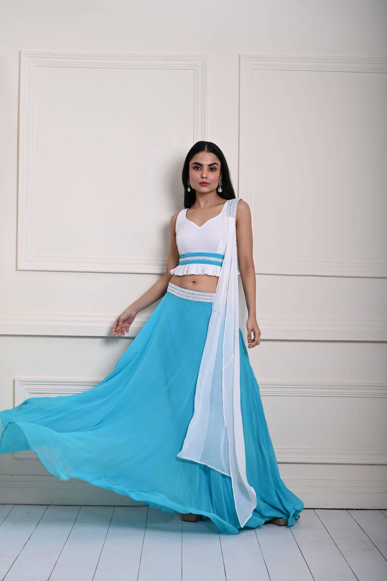 Turquoise Blue Stonework Lehenga with White Choli and Choker Dupatta