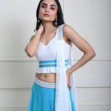 Turquoise Blue Stonework Lehenga with White Choli and Choker Dupatta