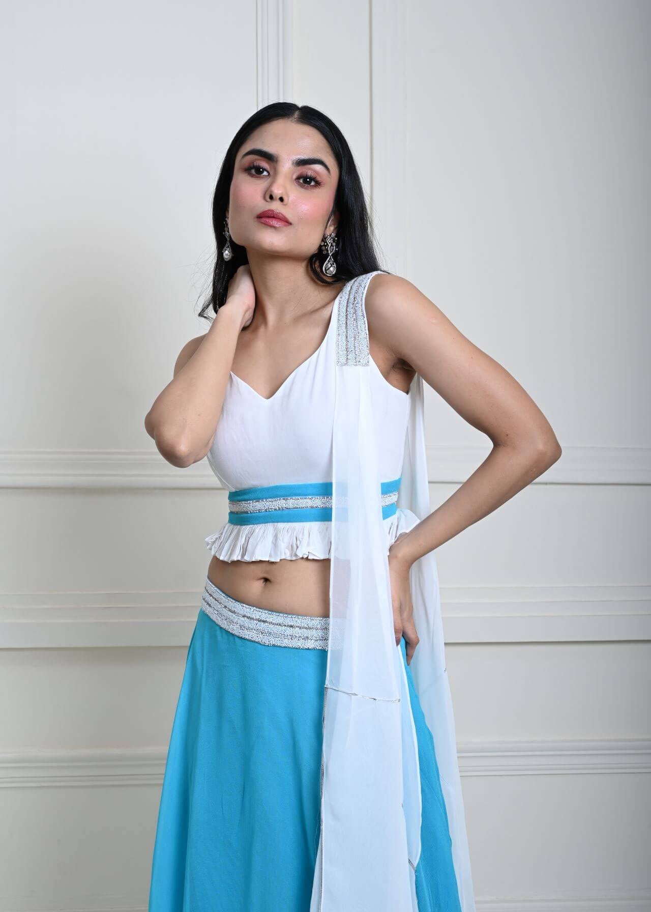 Turquoise Blue Stonework Lehenga with White Choli and Choker Dupatta