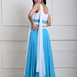 Turquoise Blue Stonework Lehenga with White Choli and Choker Dupatta
