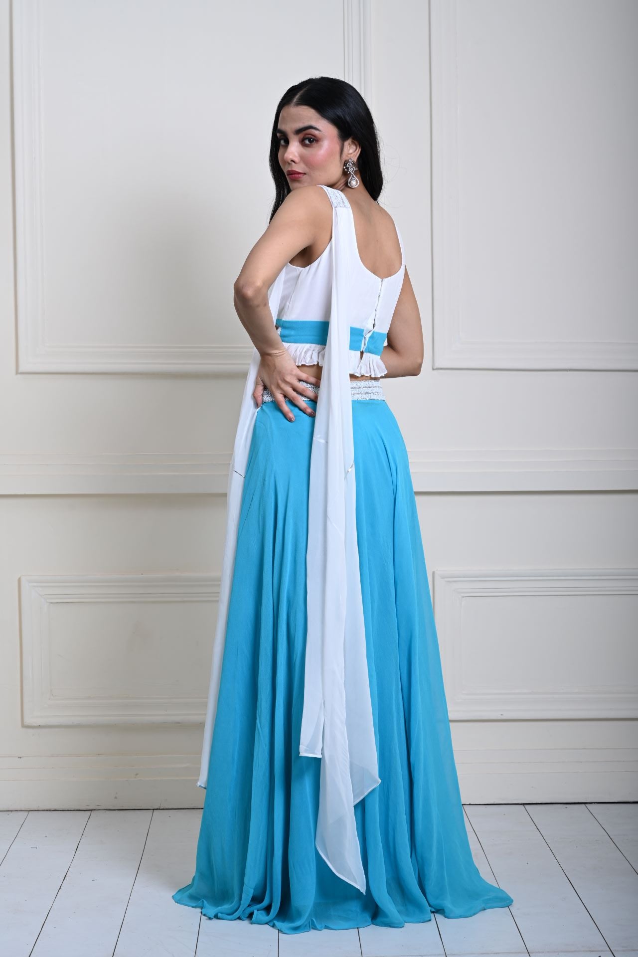 Turquoise Blue Stonework Lehenga with White Choli and Choker Dupatta
