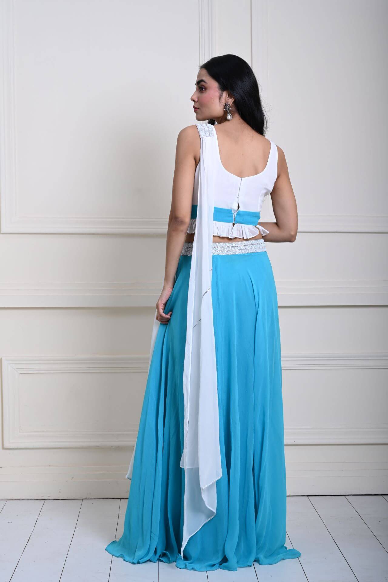 Turquoise Blue Stonework Lehenga with White Choli and Choker Dupatta