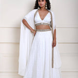 White Lehenga Choli Set Embroidered work with Cape Style Dupatta