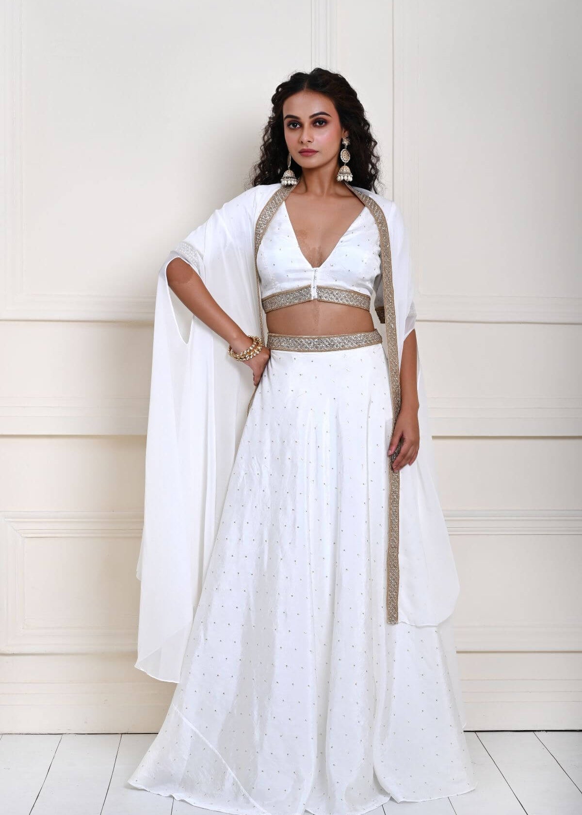 White Lehenga Choli Set Embroidered work with Cape Style Dupatta
