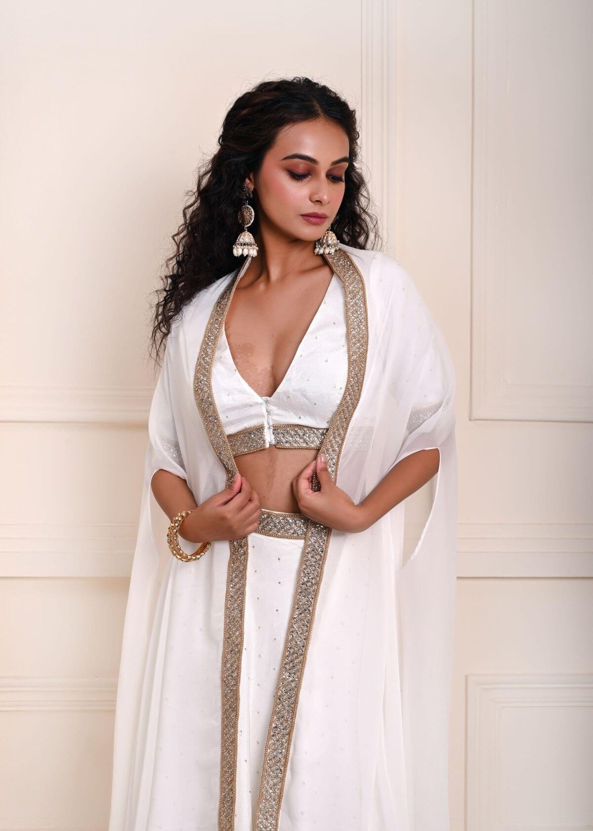 White Lehenga Choli Set Embroidered work with Cape Style Dupatta