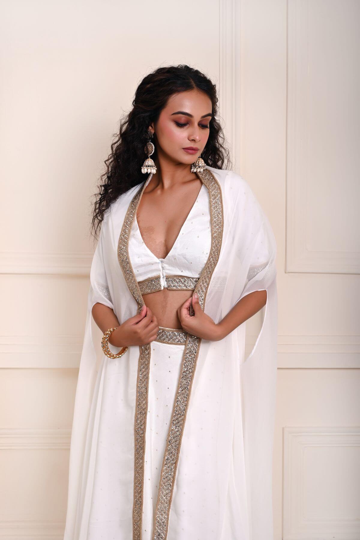 White Lehenga Choli Set Embroidered work with Cape Style Dupatta