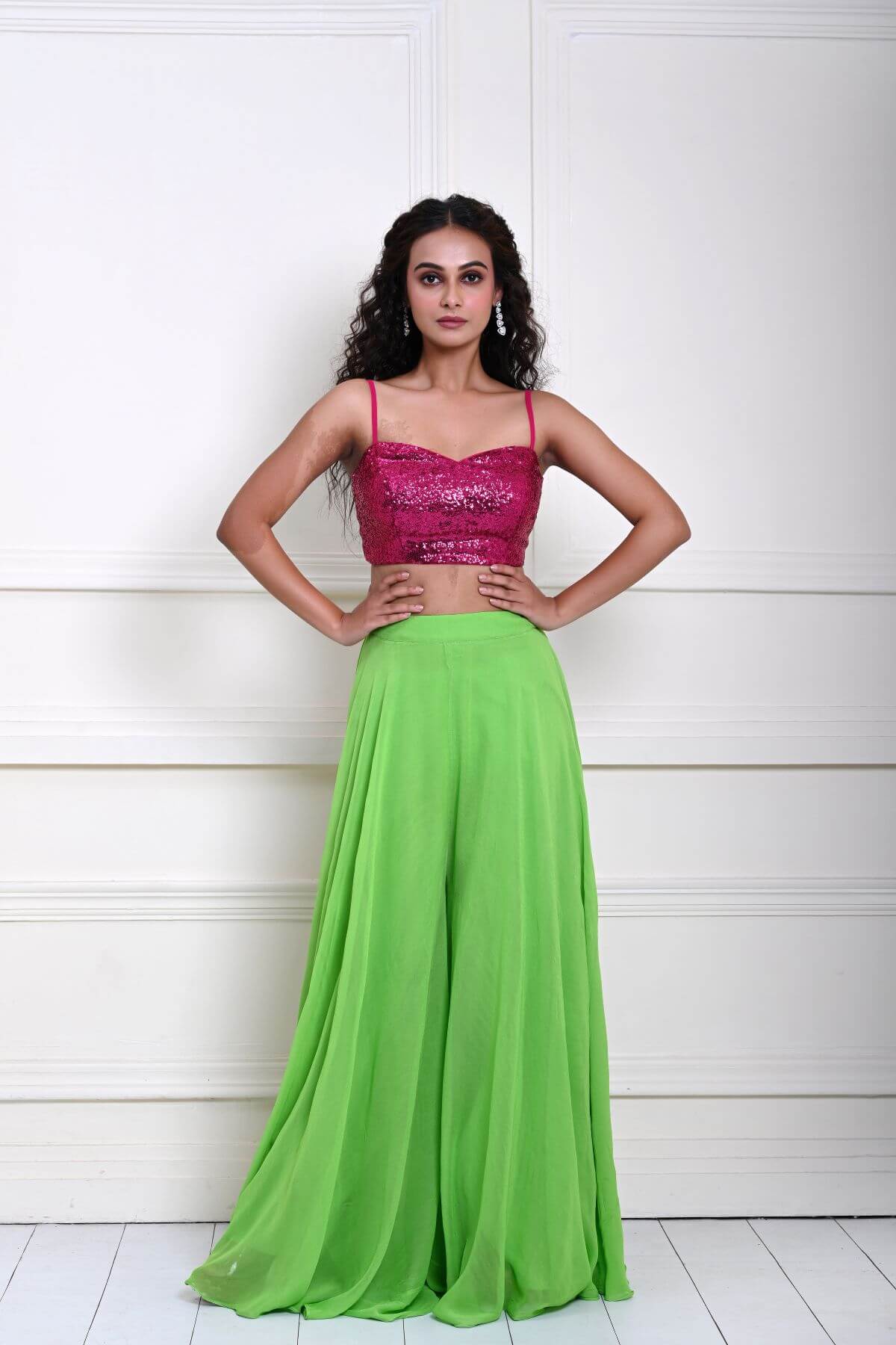 Hot Pink sequin Crop Top with Parrot Green Sharara Pant