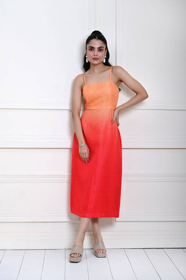 Peach and Pink Ombre Midi Dress with Spaghetti Straps - Front 1