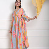Multicolor Printed Alia Cut Kurti Set in Silk