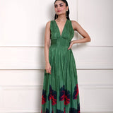 Green Printed Pure Silk Evening Gown