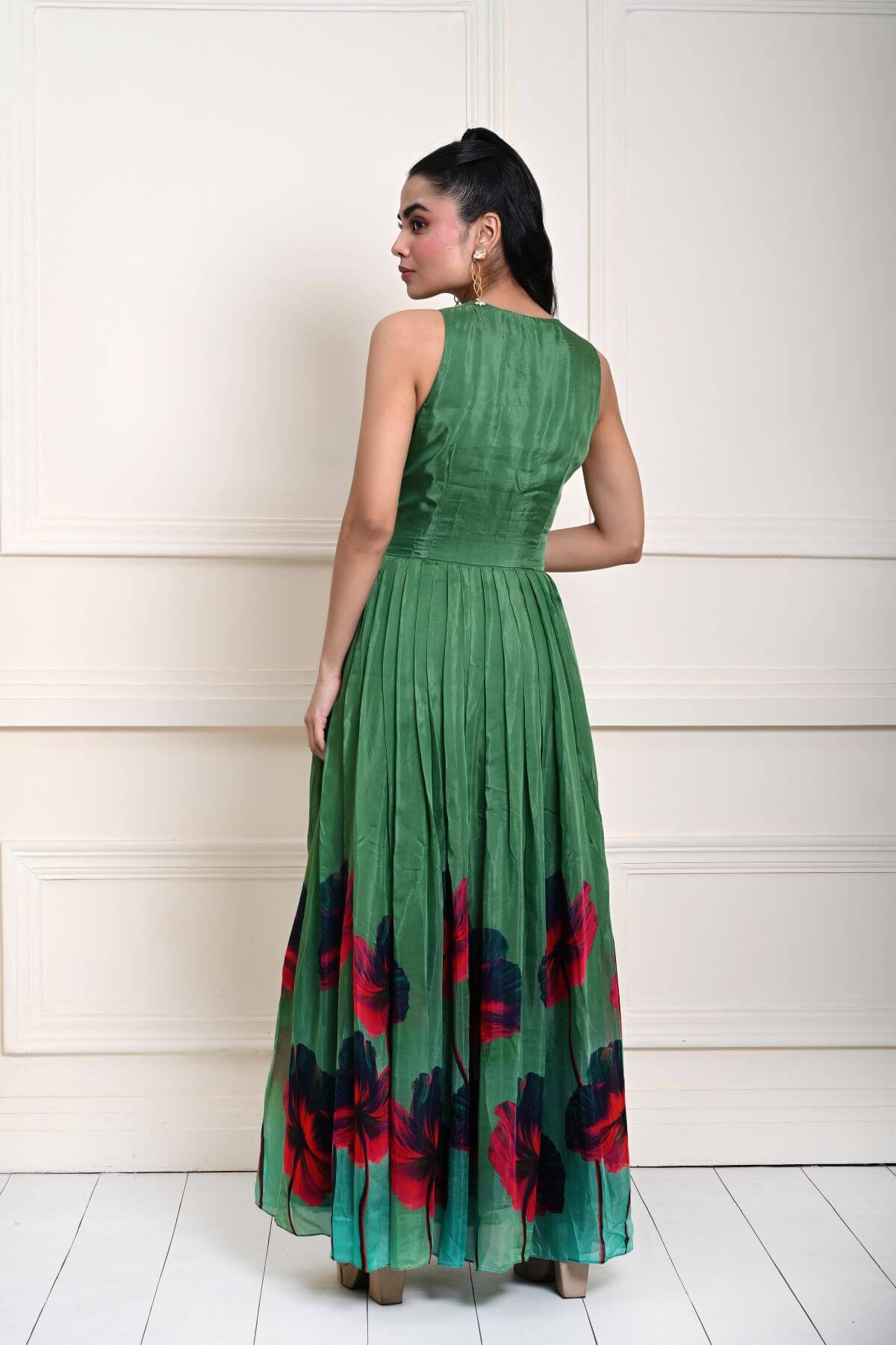 Green Printed Pure Silk Evening Gown