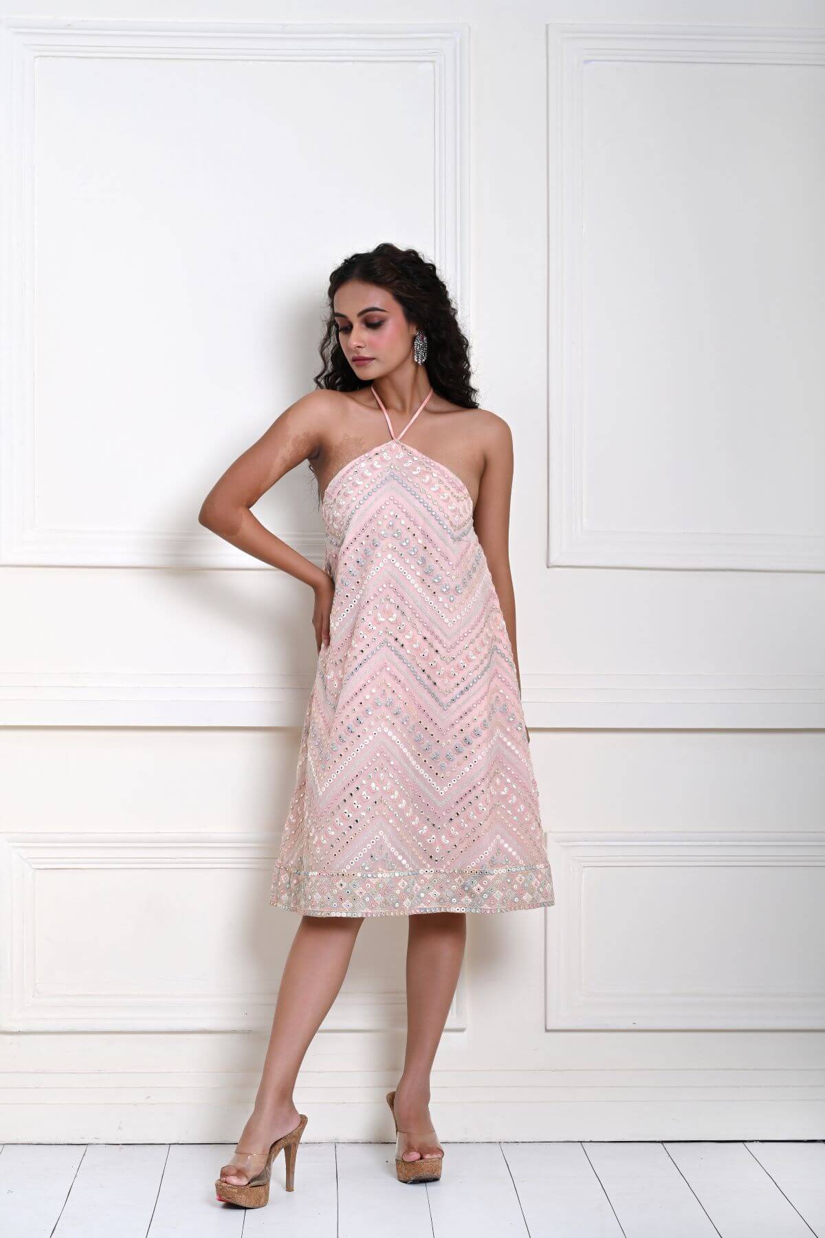 Light Pink Halter Neck Knee Length Dress With Mirror Work XL Light Pink Halter Neck Knee Length Dress With Mirror Work XL
