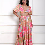 Multicolor Crop Top and Skirt with Side-Slit in Satin Silk