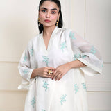 White Kaftan Kurti Set with Blue Floral Embroidery