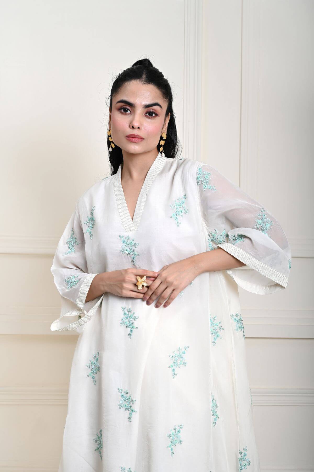 White Kaftan Kurti Set with Blue Floral Embroidery
