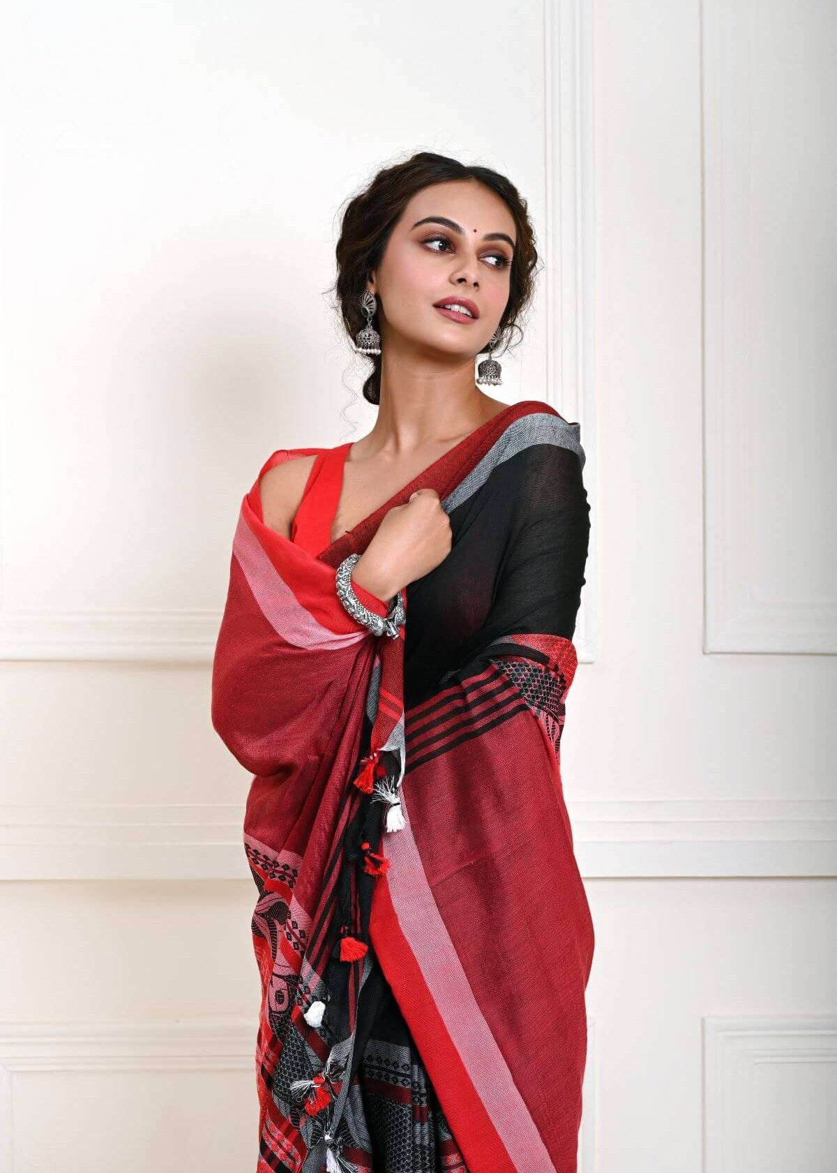 Black Handloom Saree with Red Border and Fish Motifs