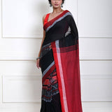 Black Handloom Saree with Red Border and Fish Motifs