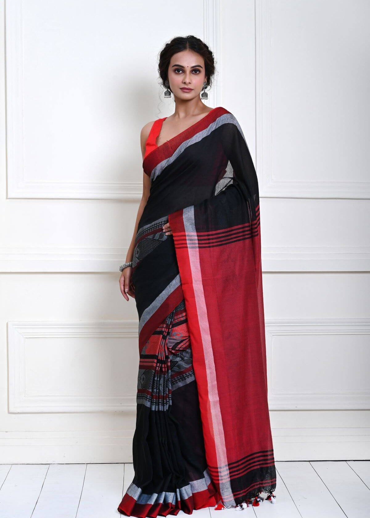 Black Handloom Saree with Red Border and Fish Motifs
