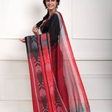 Black Handloom Saree with Red Border and Fish Motifs