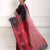 Black Handloom Saree with Red Border and Fish Motifs