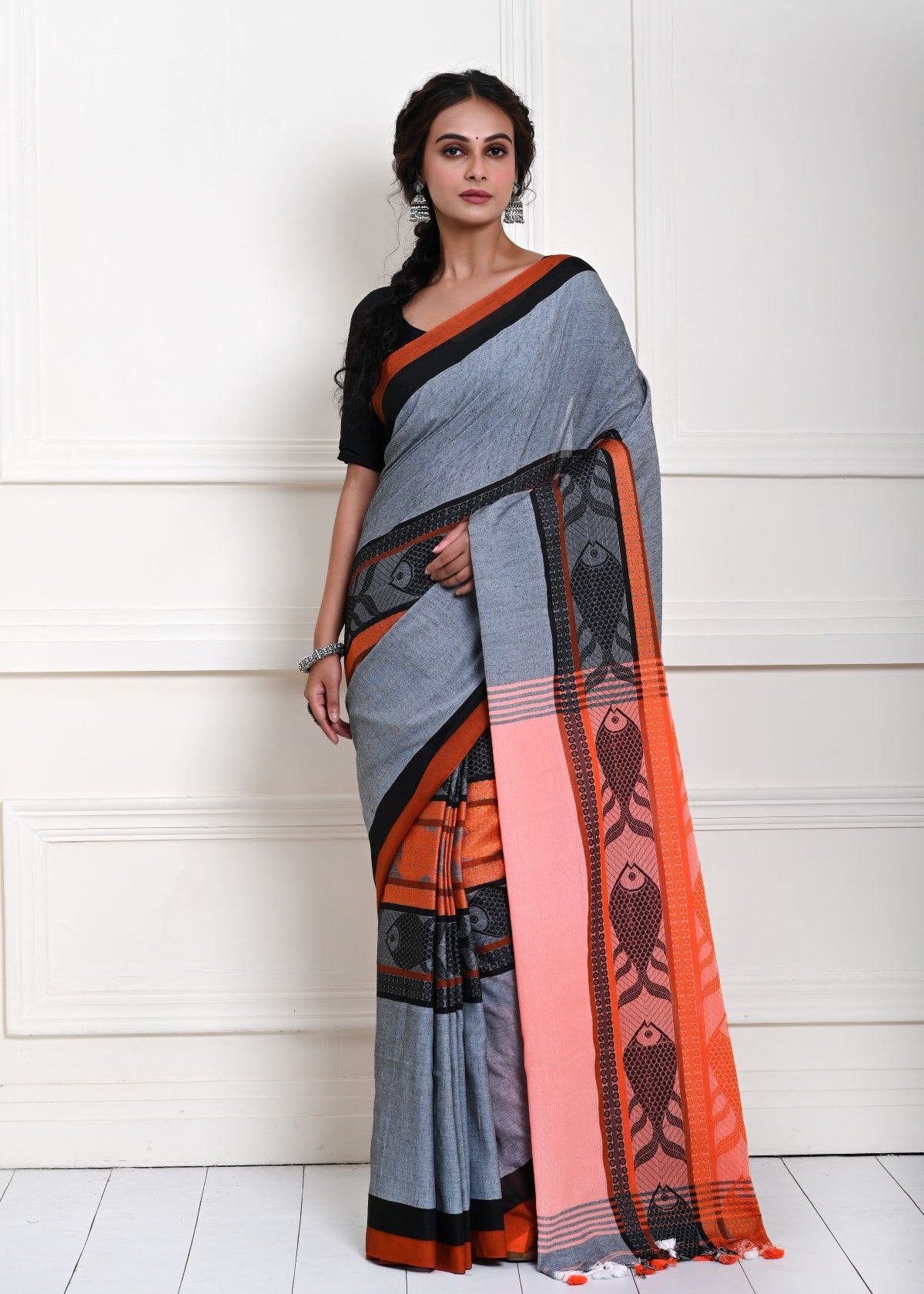 Grey Cotton Saree with Orange and Black Border and Fish Motifs
