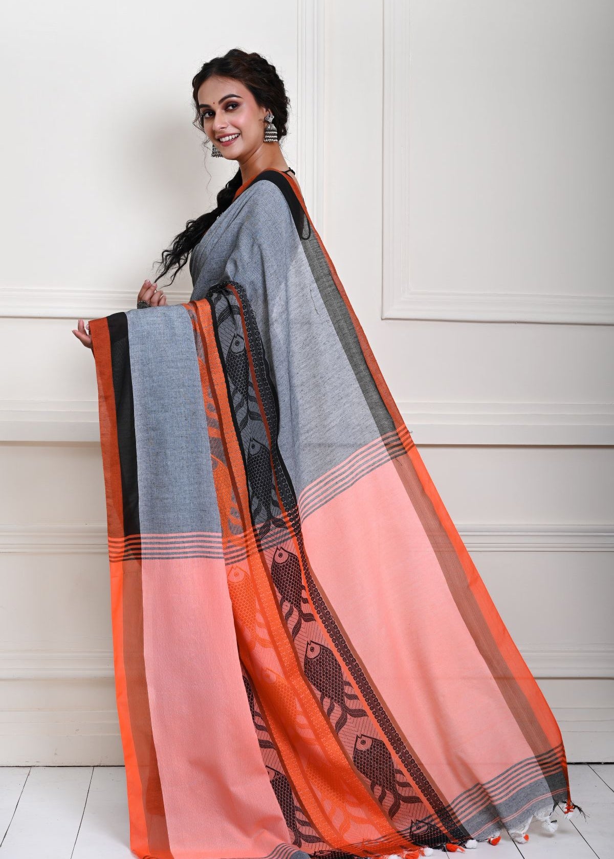 Grey Cotton Saree with Orange and Black Border and Fish Motifs