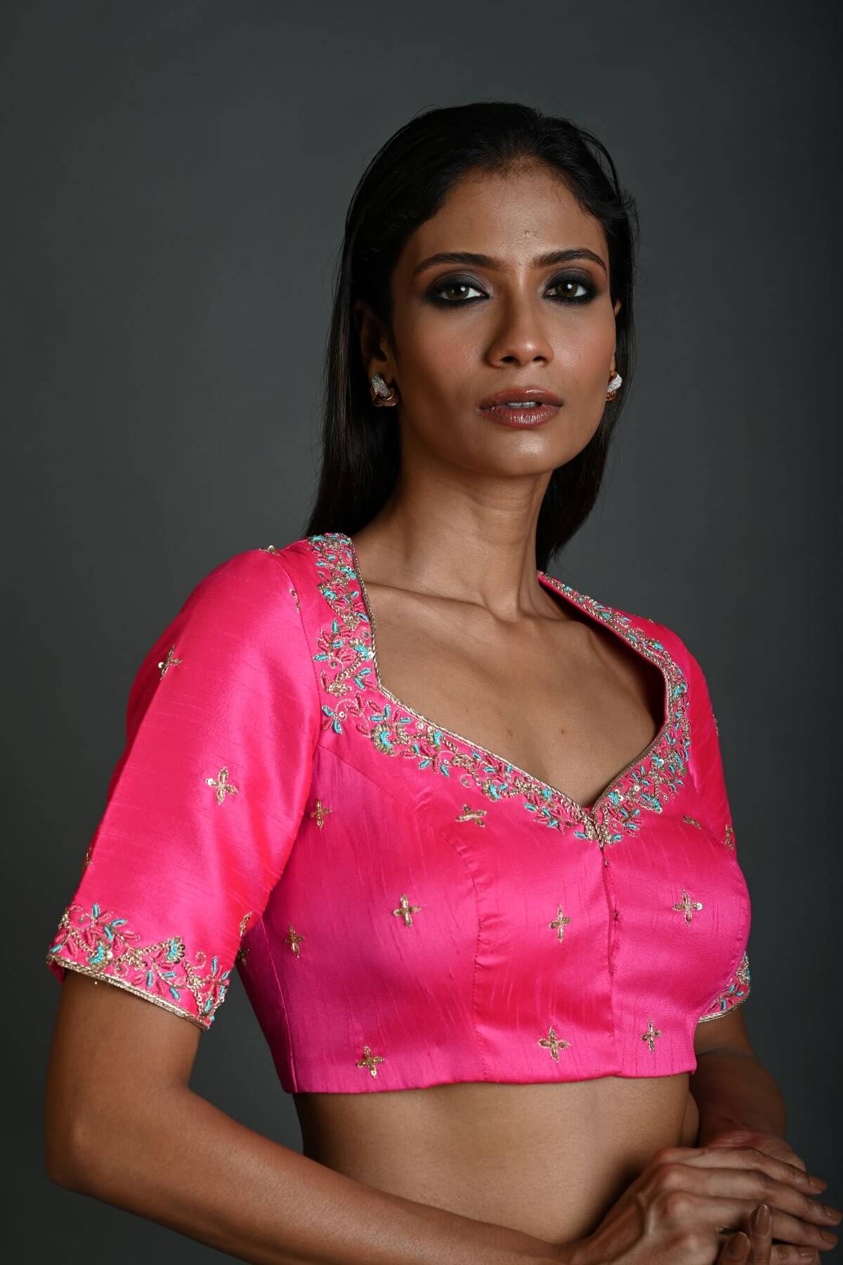 Pink Hand Embroidered Bridal Blouse in Raw Silk with Queen Anne Neckline - Anvi Couture - Image 1