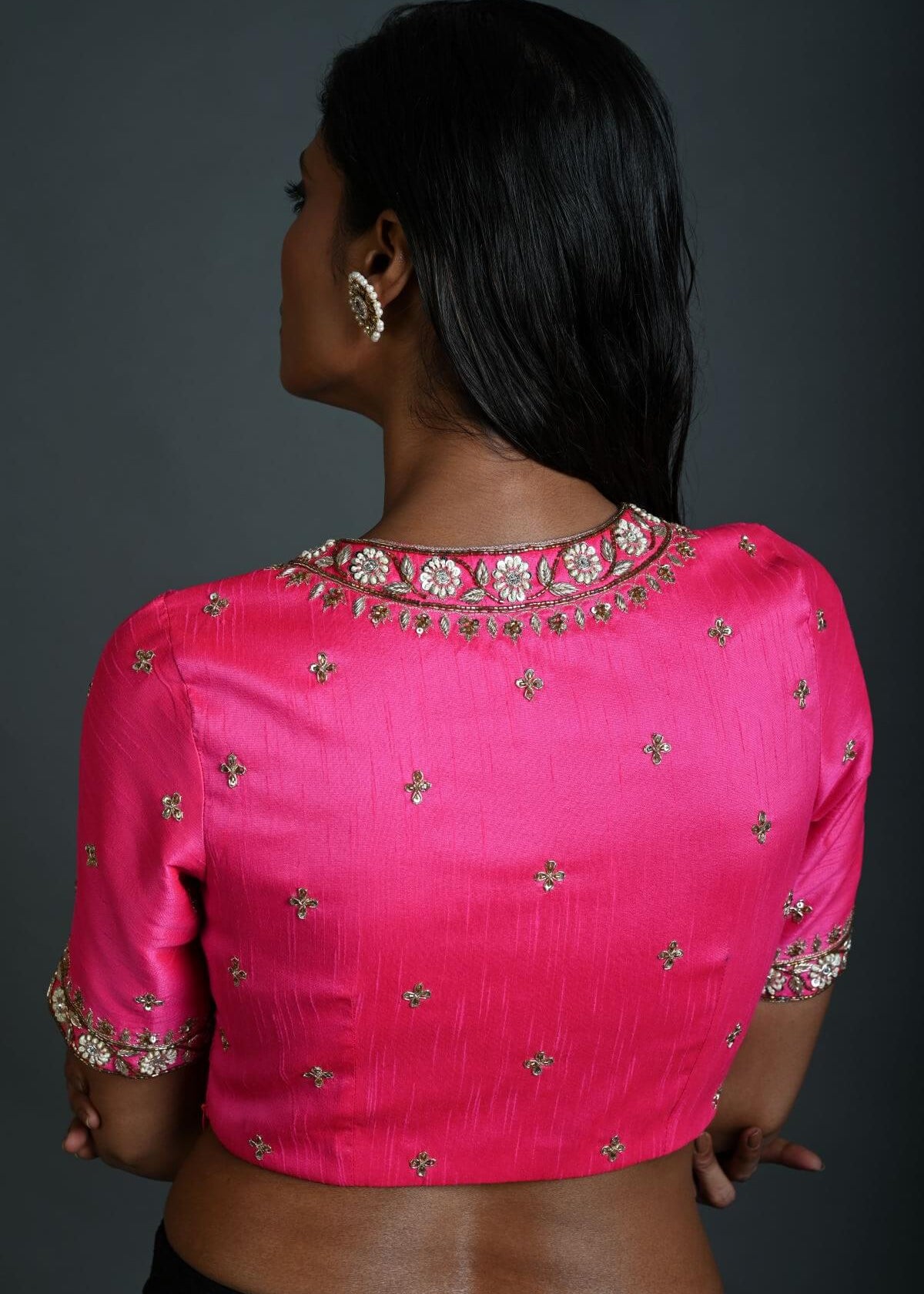Pink Bridal Hand Embroidered Blouse in Raw Silk with Scoop Neckline