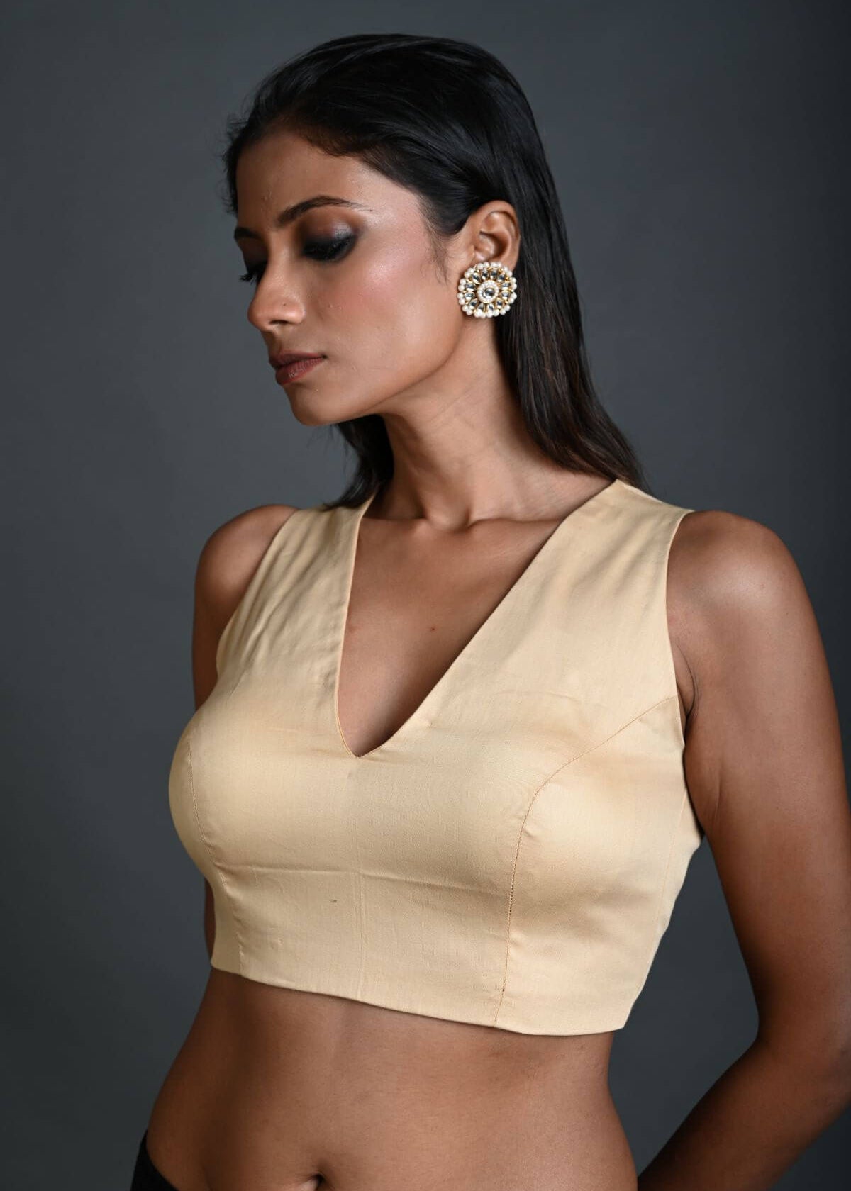 Cream Sleeveless Blouse in Cotton with V Neckline and Back Closure - Anvi Couture