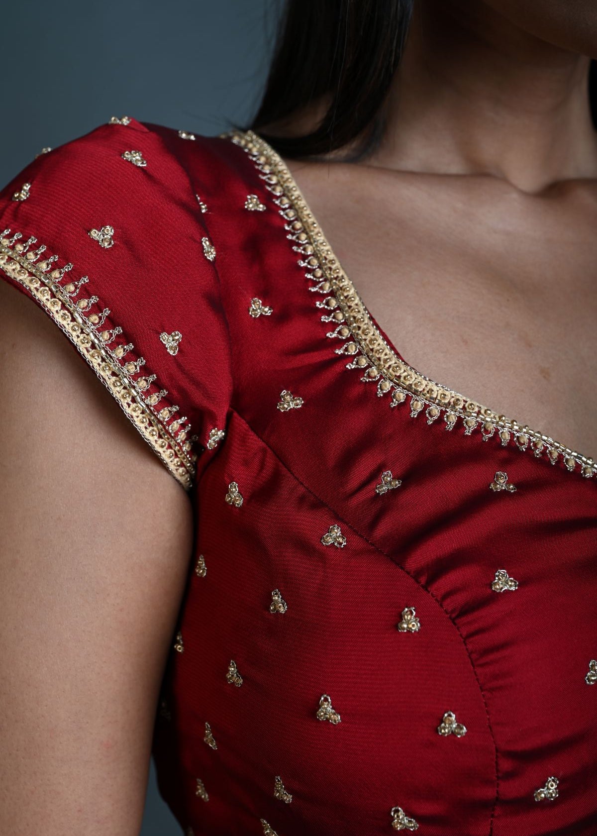 Maroon Embroidered Blouse in Silk with Short Sleeves - Anvi Couture