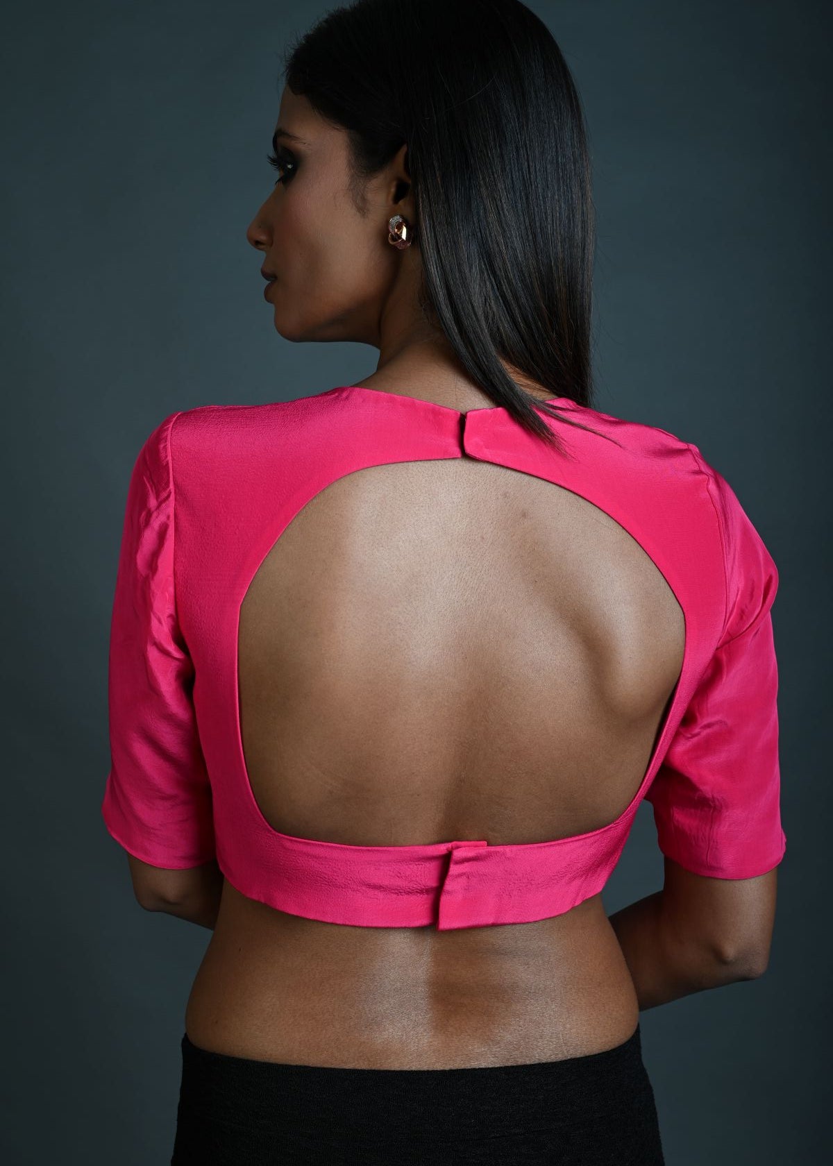 Rani Pink Blouse in Satin Silk with Half Sleeves and Back Cutout - Anvi Couture - Image 4
