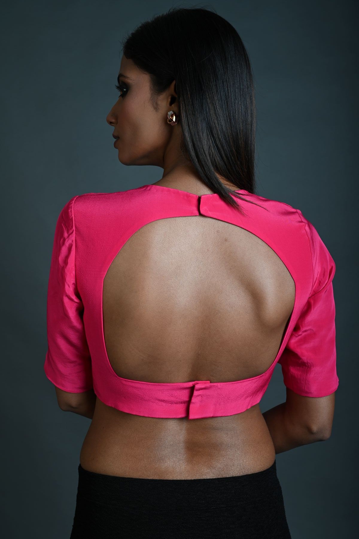 Rani Pink Blouse in Satin Silk with Half Sleeves and Back Cutout - Anvi Couture - Image 4