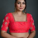 Bridal Pink Hand Embroidered Blouse in Raw Silk with Square Neckline - Anvi Couture