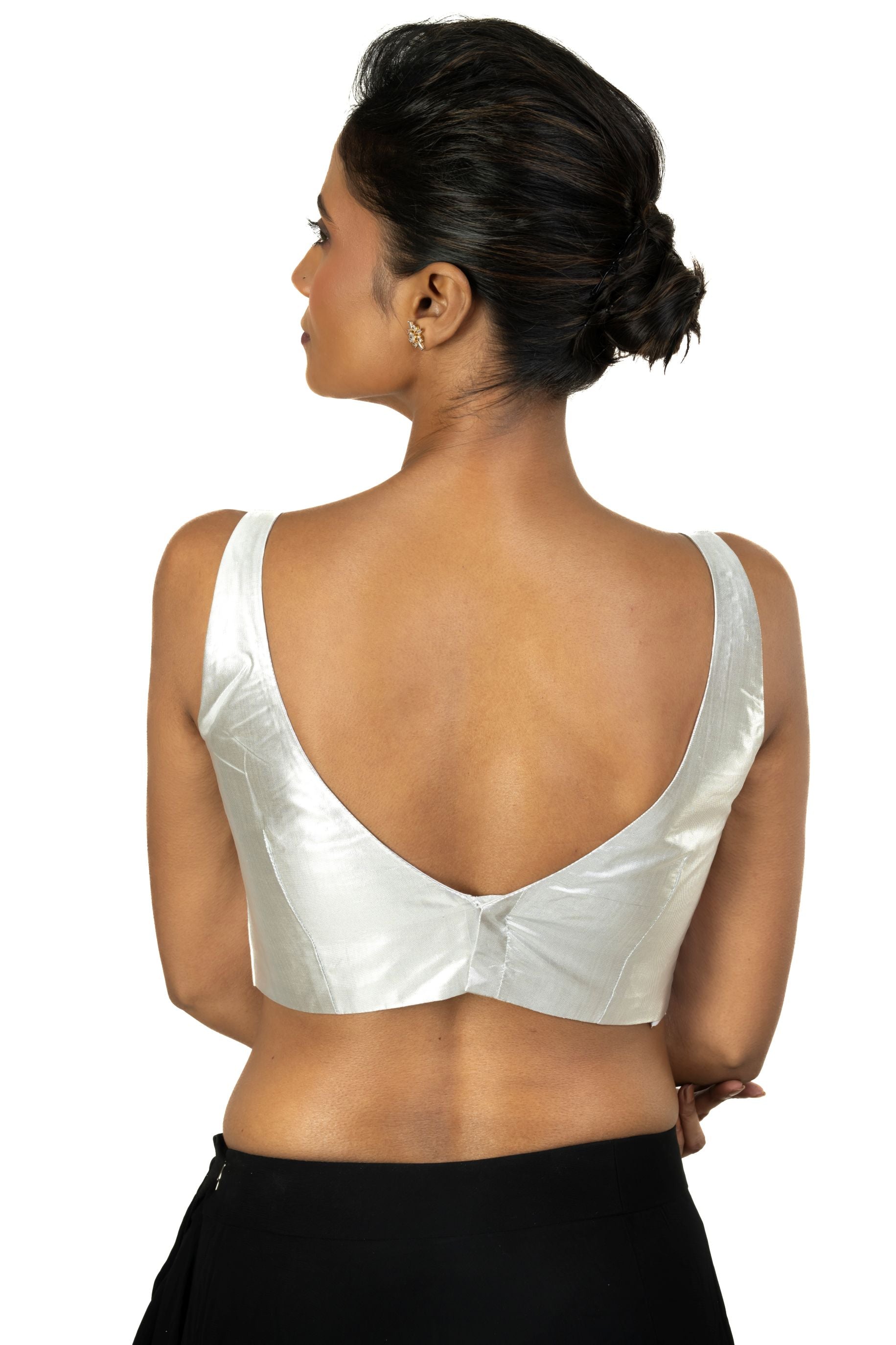 Silver Tissue Sleeveless Saree Blouse with V Neckline - image 4