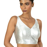 Silver Tissue Sleeveless Saree Blouse with V Neckline - image 1