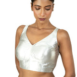 Silver Tissue Sleeveless Saree Blouse with V Neckline - image 2