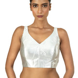 Silver Tissue Sleeveless Saree Blouse with V Neckline - image 3