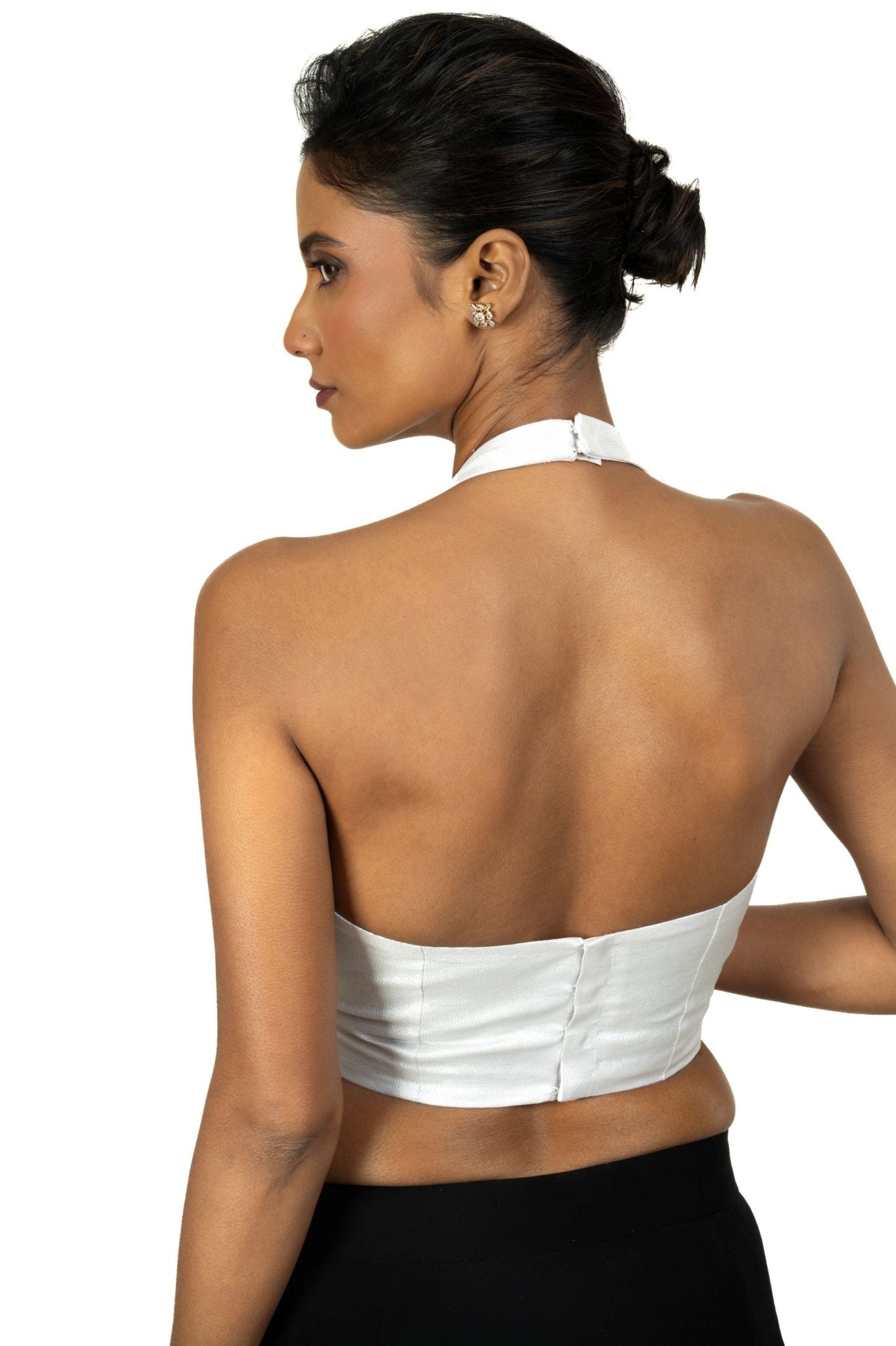 Silver Tissue Halter Neck Saree Blouse - Anvi Couture